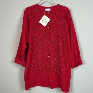 NWT Carol Pritcher Vintage Red Cotton Handwoven with Red/Blue Fringe Cardigan